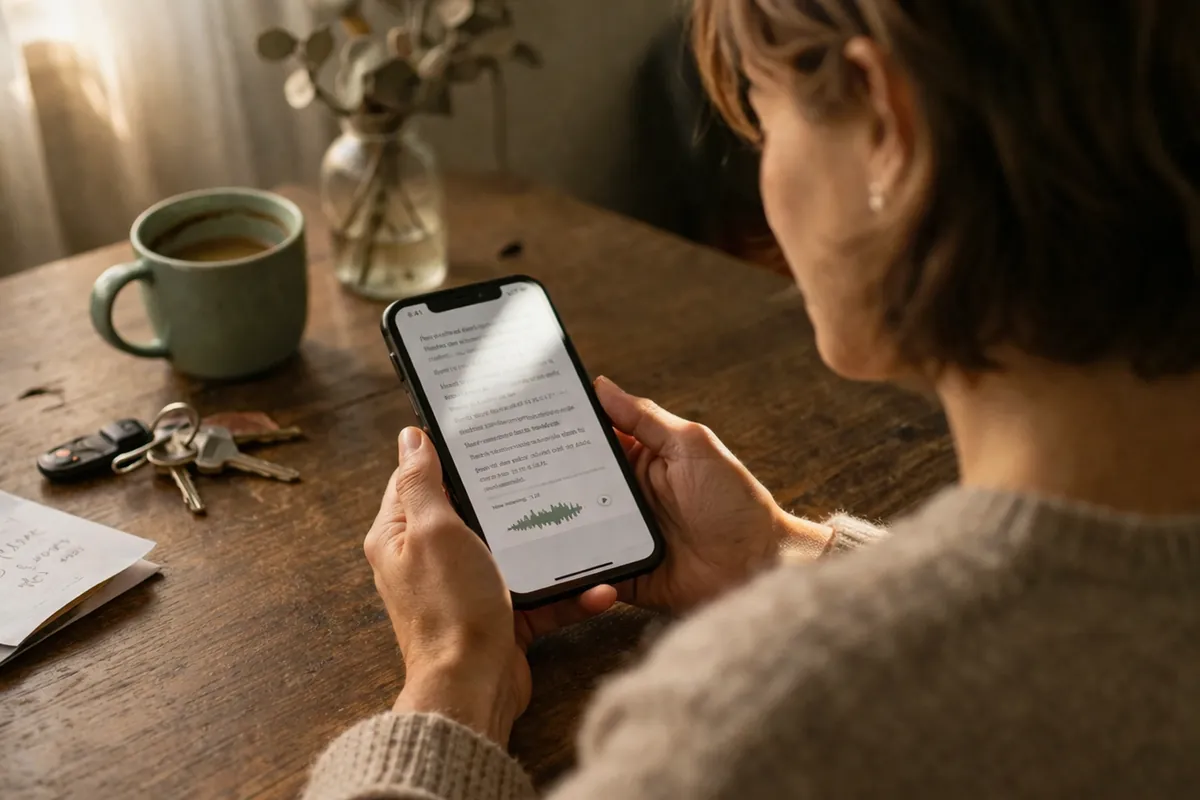 A woman reading the digital memory book on her phone at a warm dining table with tea and dried eucalyptus