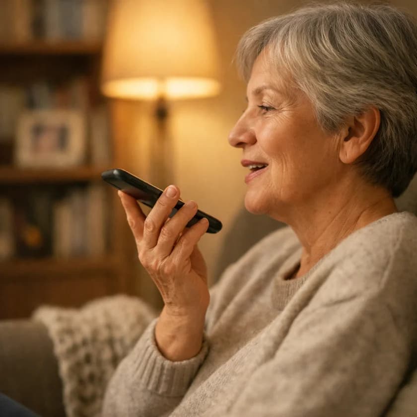 A person comfortably recording a story on their phone from an armchair in their living room