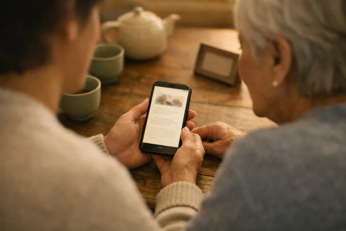 Two people sitting together at a warm table, privately sharing the digital memory book on a phone screen