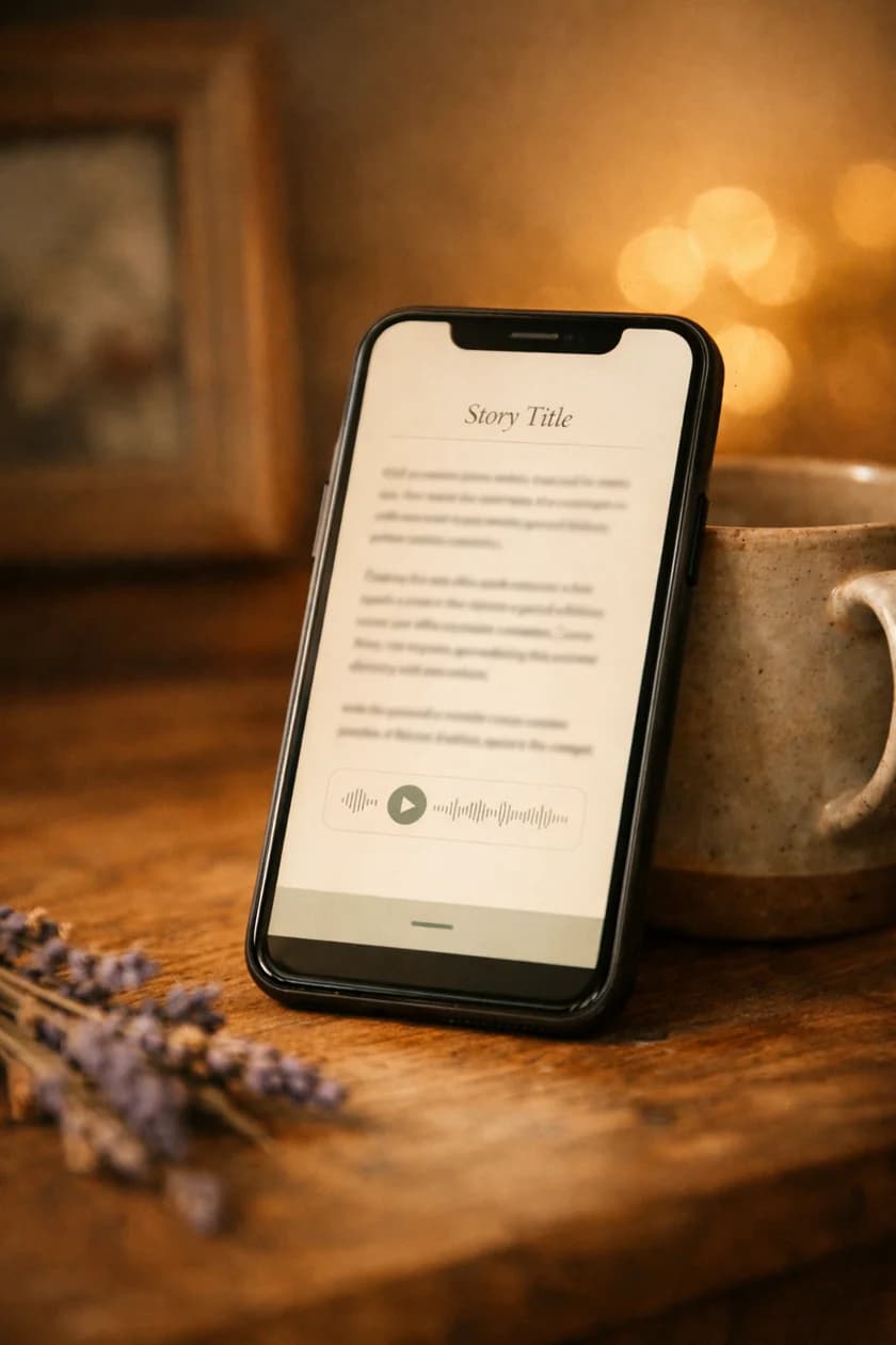 A smartphone propped up on a warm table showing the digital memory book with personal stories and an audio waveform